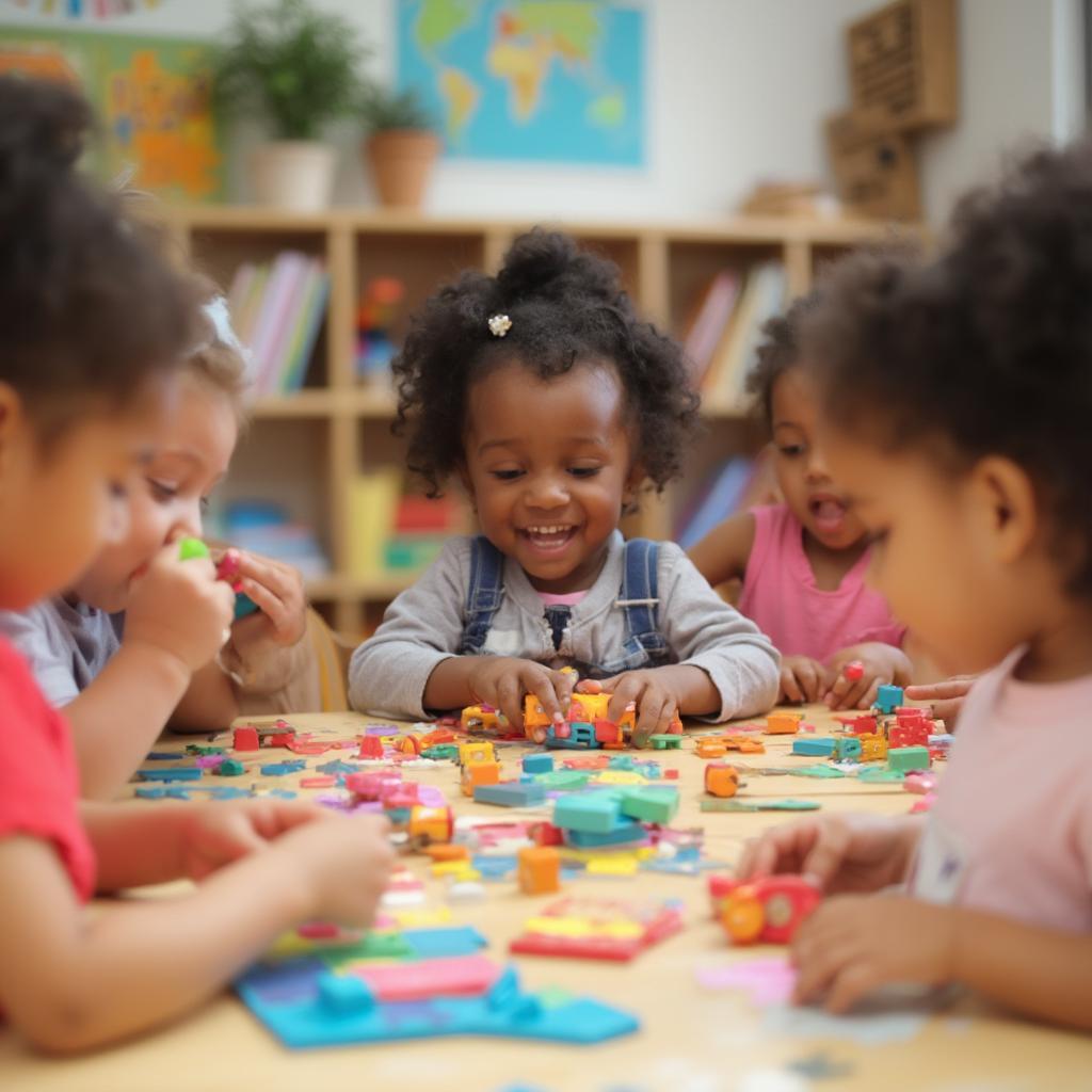 Children engaging in fine motor activities like playdough, blocks and puzzles