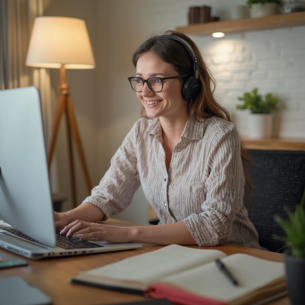 Working Mom on Video Conference Call from Home Office