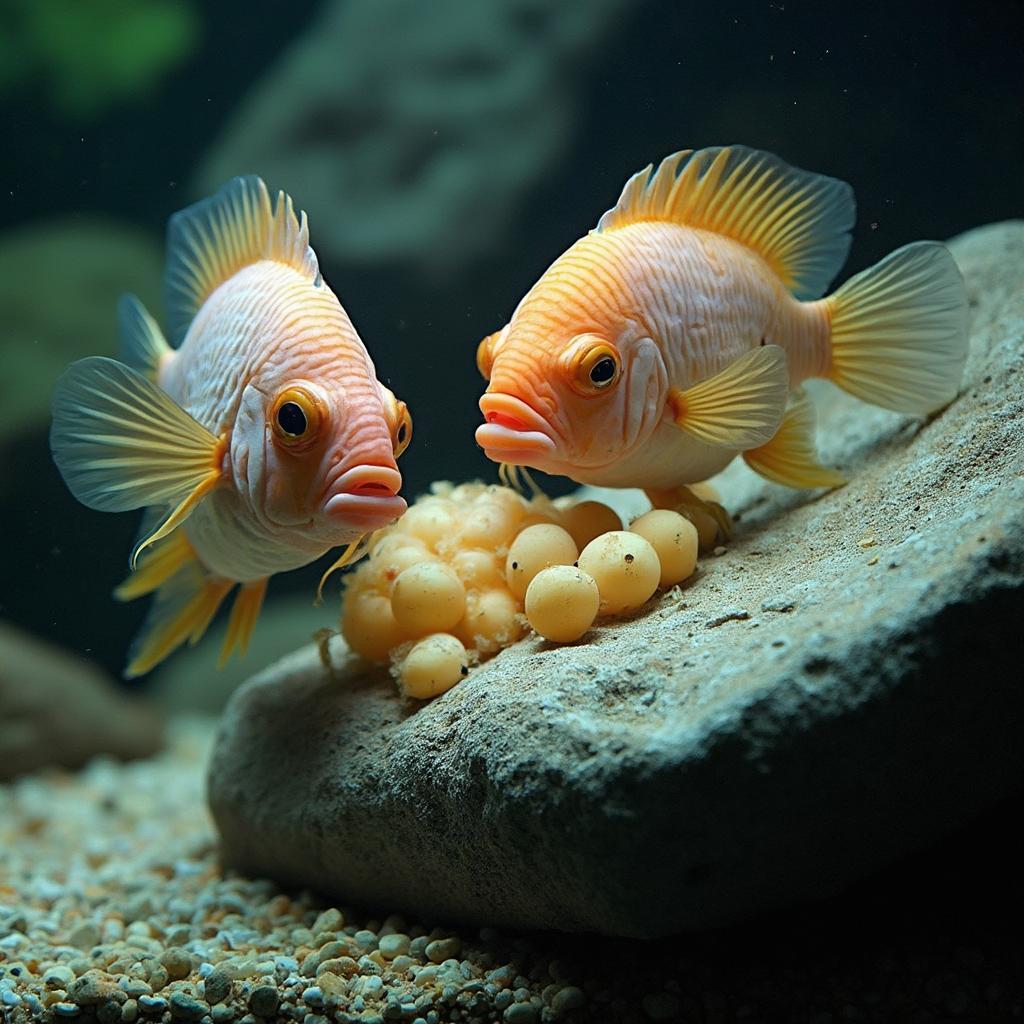 Breeding Pair of Flowerhorn Fish Guarding Eggs