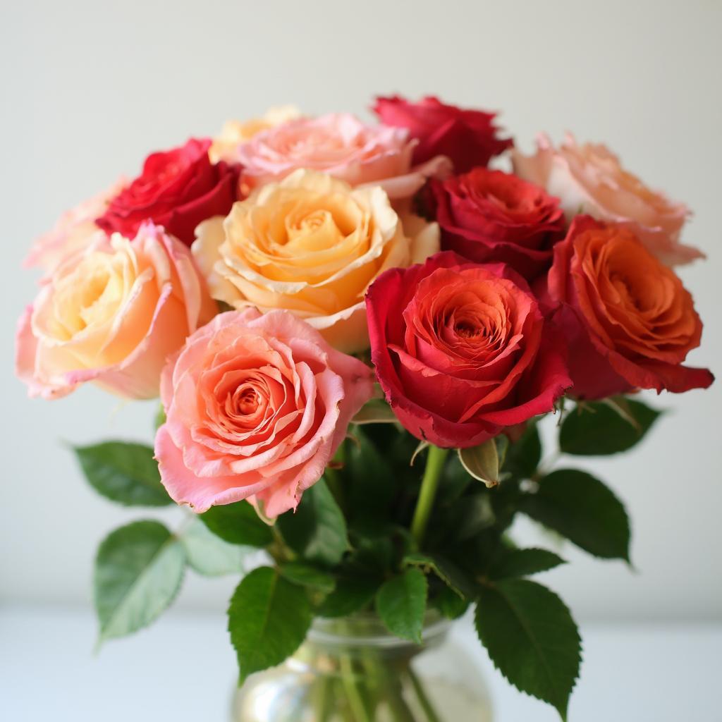 Freshly cut roses arranged in a clear vase, showcasing their vibrant colors and healthy foliage.