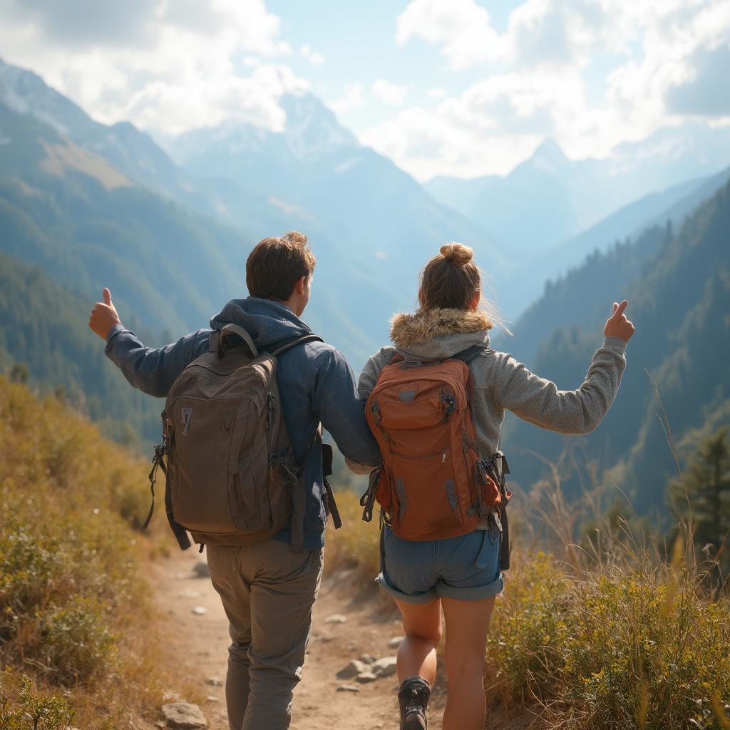 Friends hiking together on a mountain trail