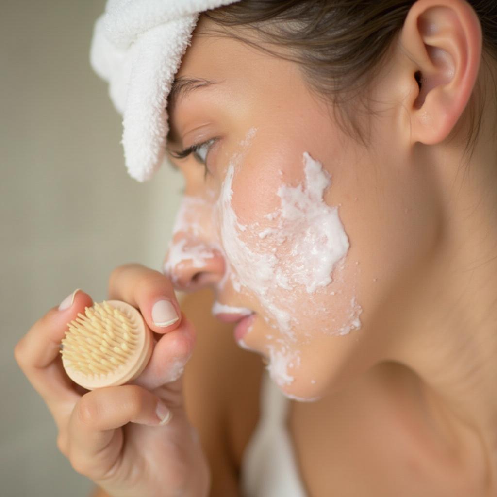 Gentle exfoliation techniques for acne-prone skin using a soft brush and cleanser.