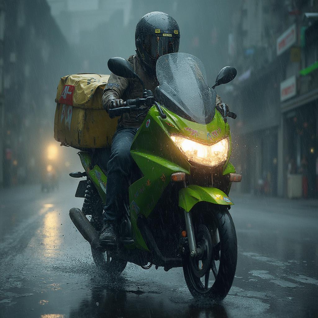 GoFood Driver Delivering Food in Rain