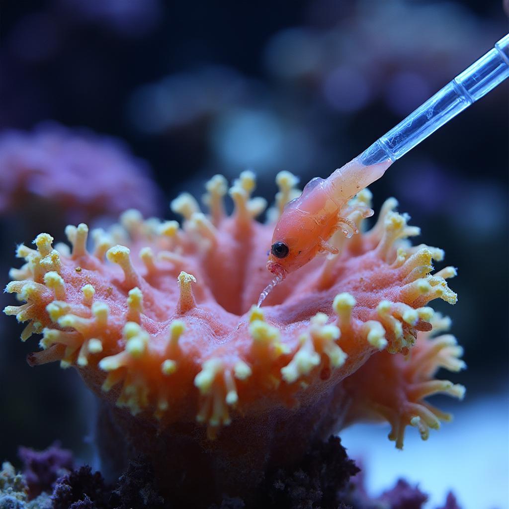 Feeding Green Tip Torch Coral with Mysis Shrimp