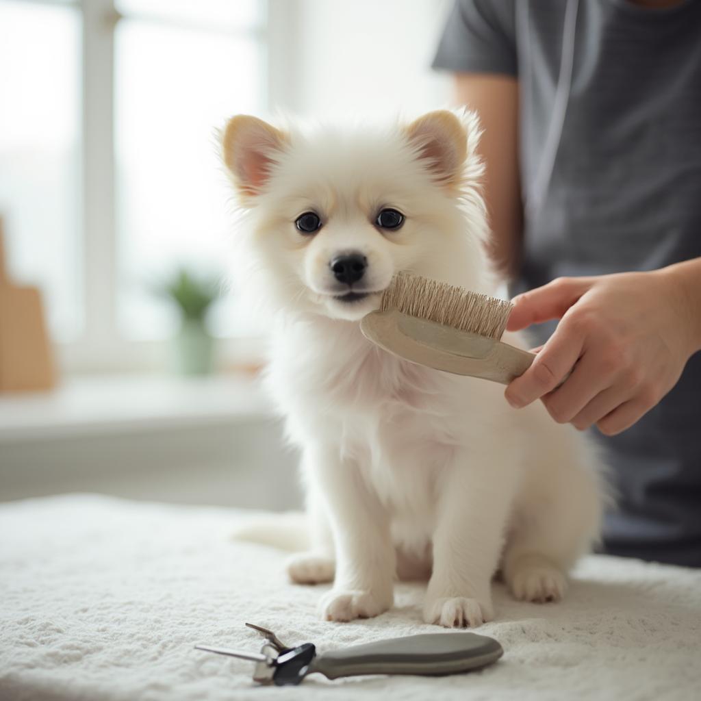 Grooming a puppy with a brush