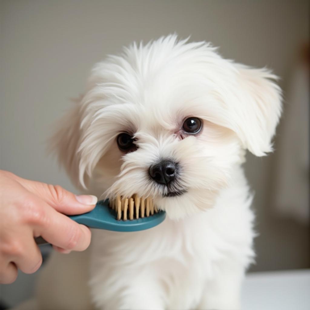 A person gently brushing a puppy's fur