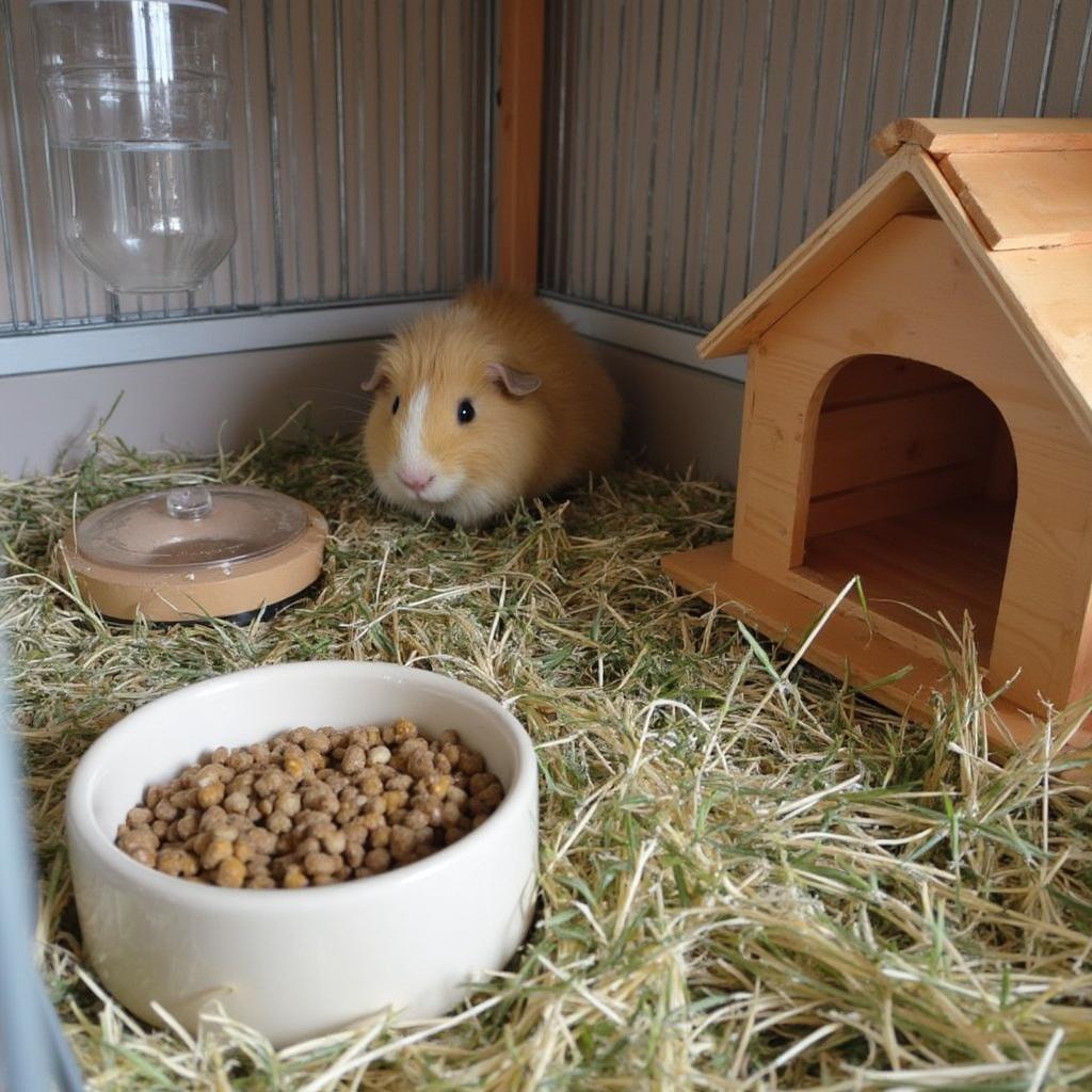 Guinea pig cage setup with hay, food bowl, water bottle, and hidey house