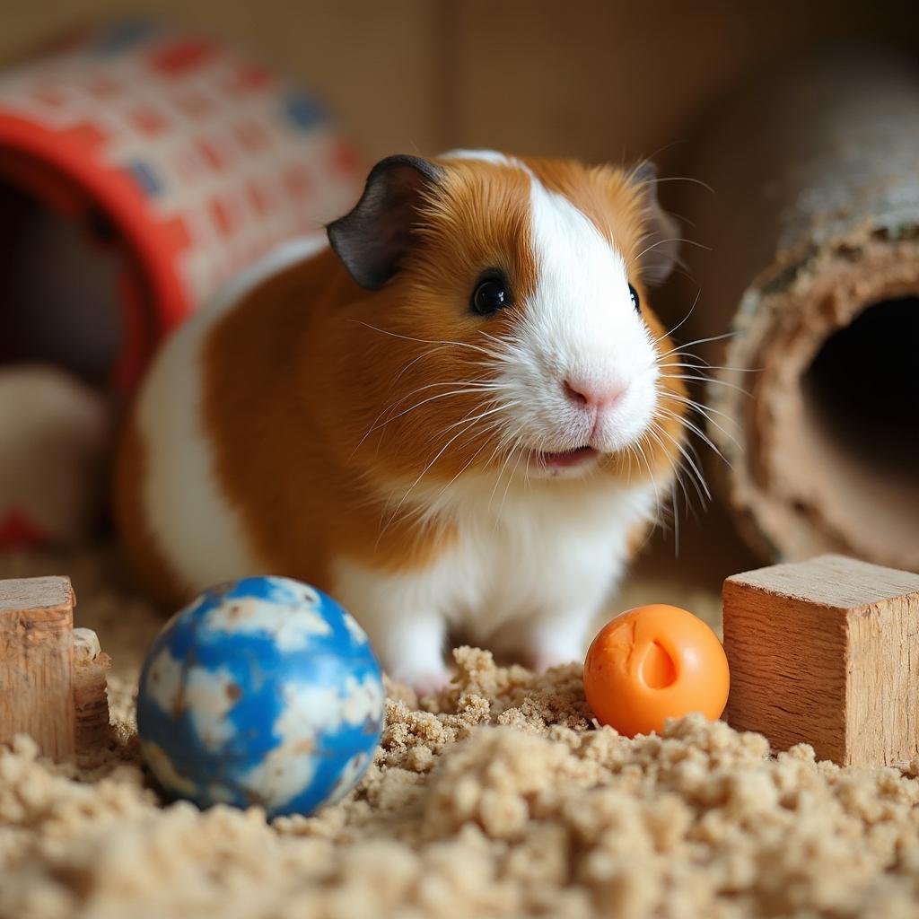 Guinea pig exploring toys and tunnels in its cage