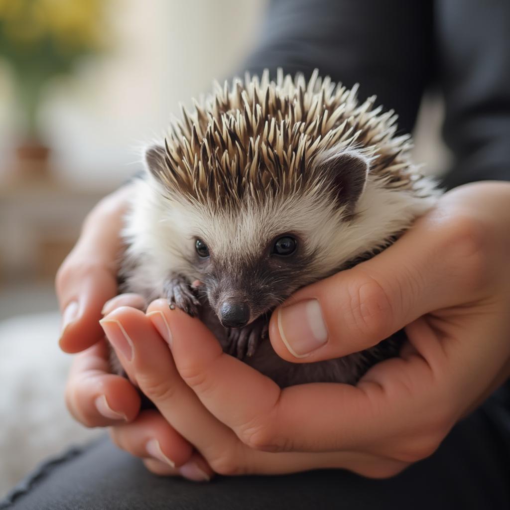 A person gently handling a hedgehog