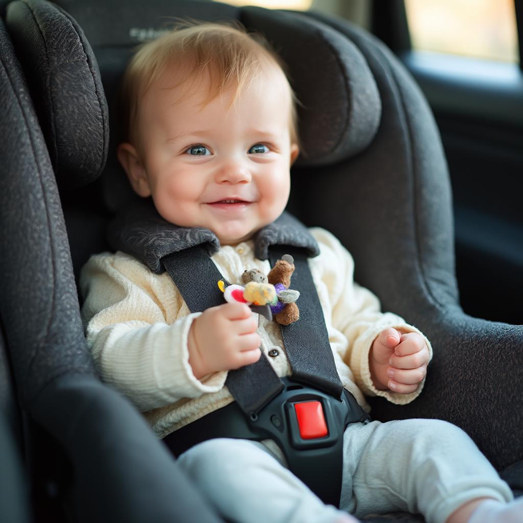 Happy Baby in Car Seat with Toys