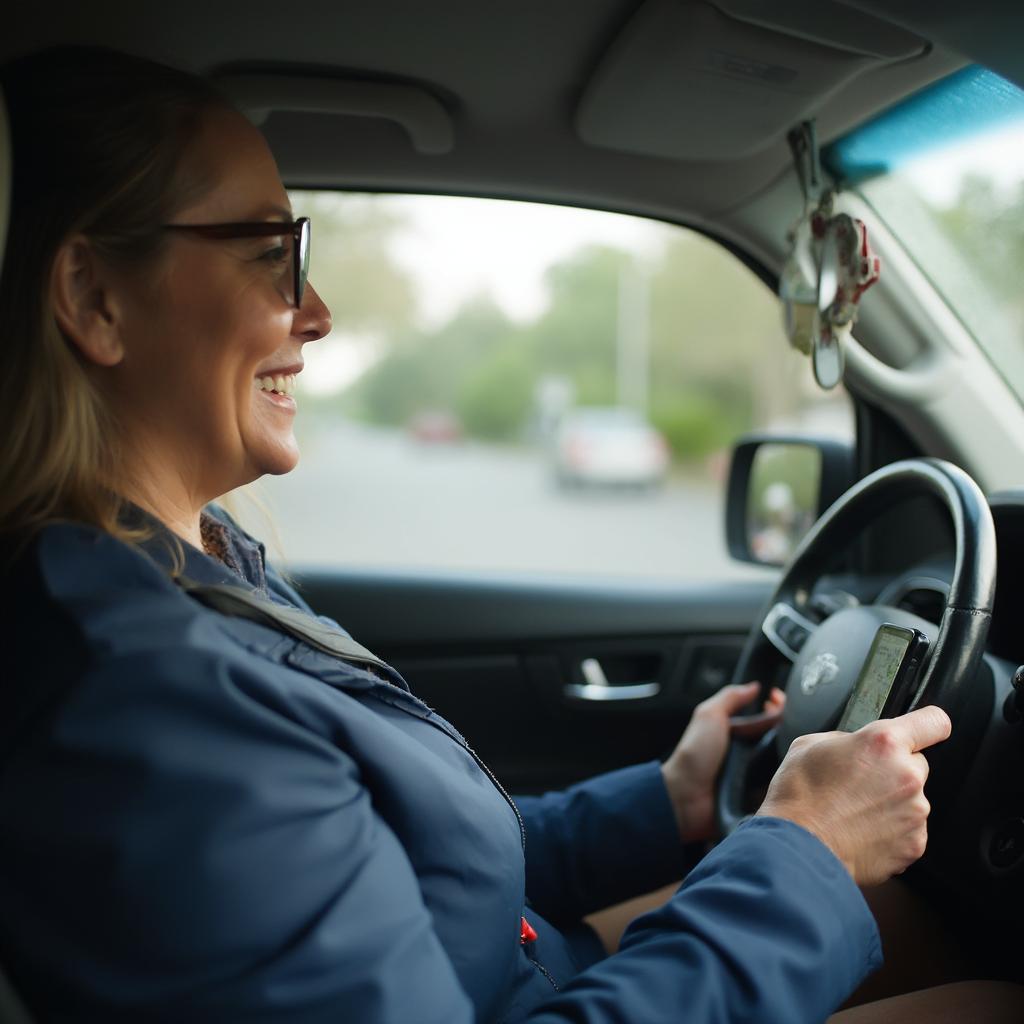 Happy Blackberry Driver Using Phone for Navigation