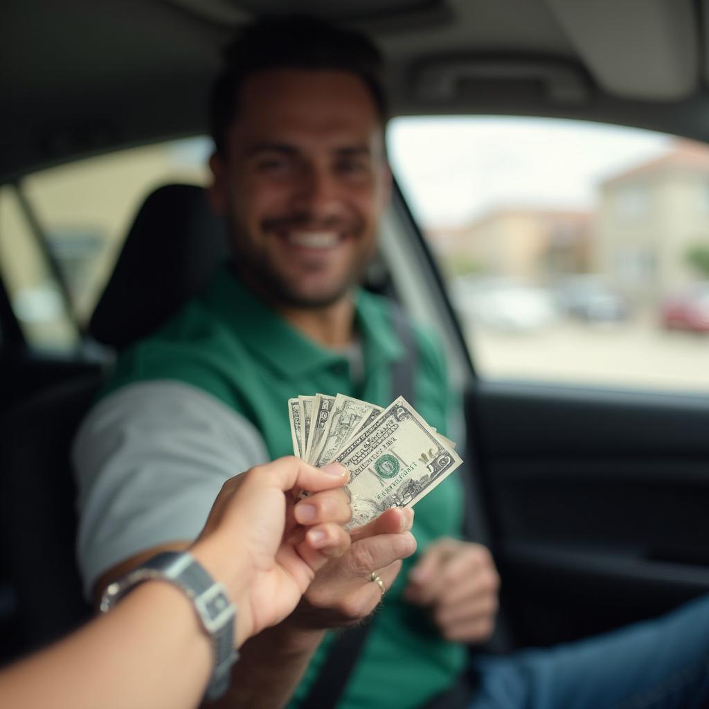 Happy Car Delivery Driver Receiving Tip