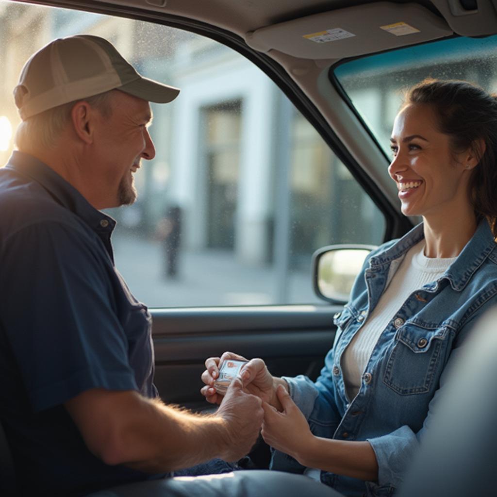 Happy Car Hauler Driver Receiving Tip