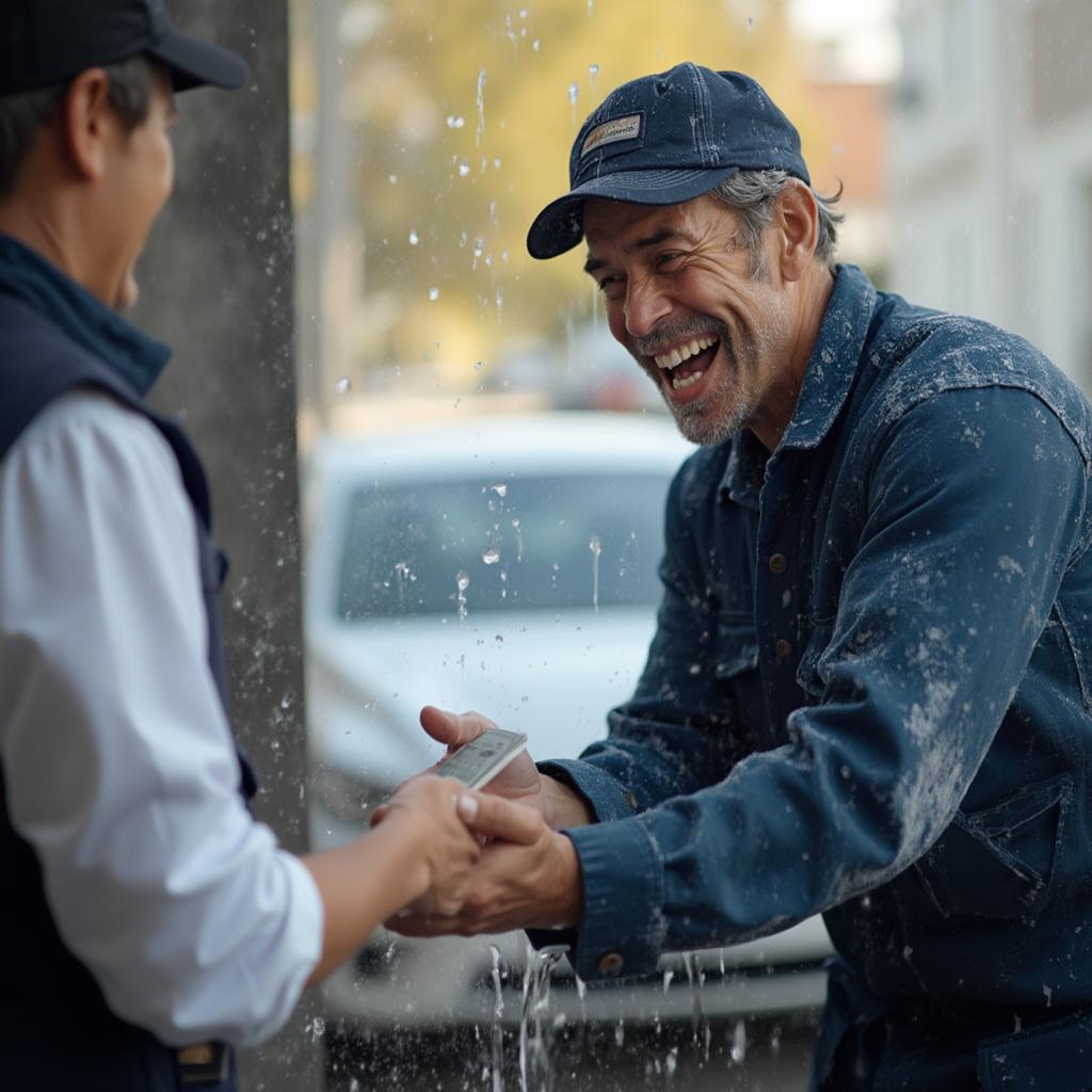 Happy Car Wash Attendant Receiving a Tip