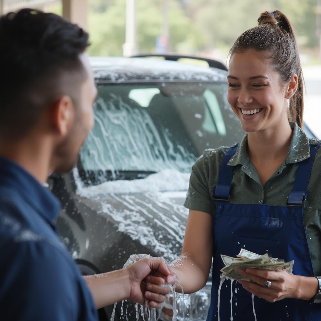 Happy car wash attendant receiving a tip from a satisfied customer