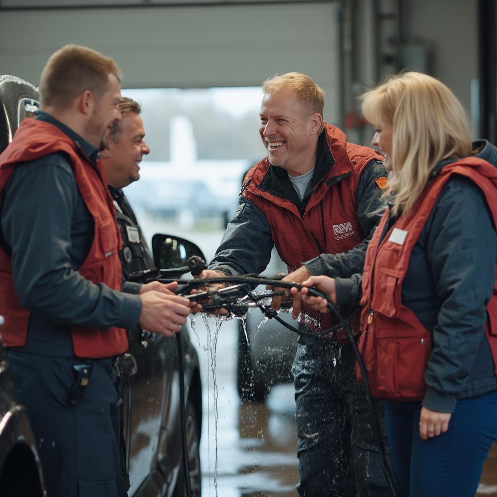 Satisfied Car Wash Attendants Receiving Tips