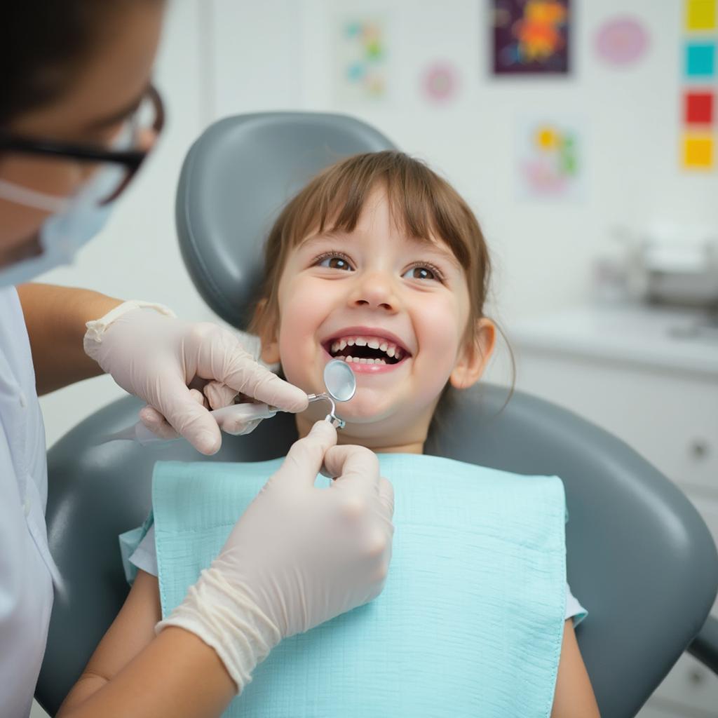 A child smiling during a dental checkup