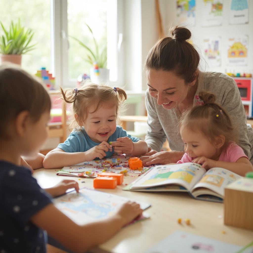 Happy child playing at daycare with other children and a caregiver