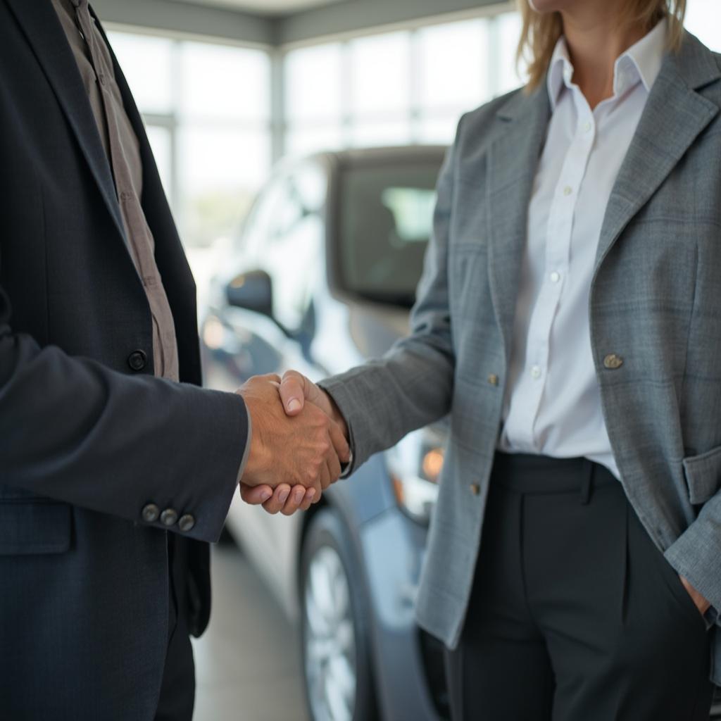 A satisfied customer shaking hands with a car salesman after purchasing a used car