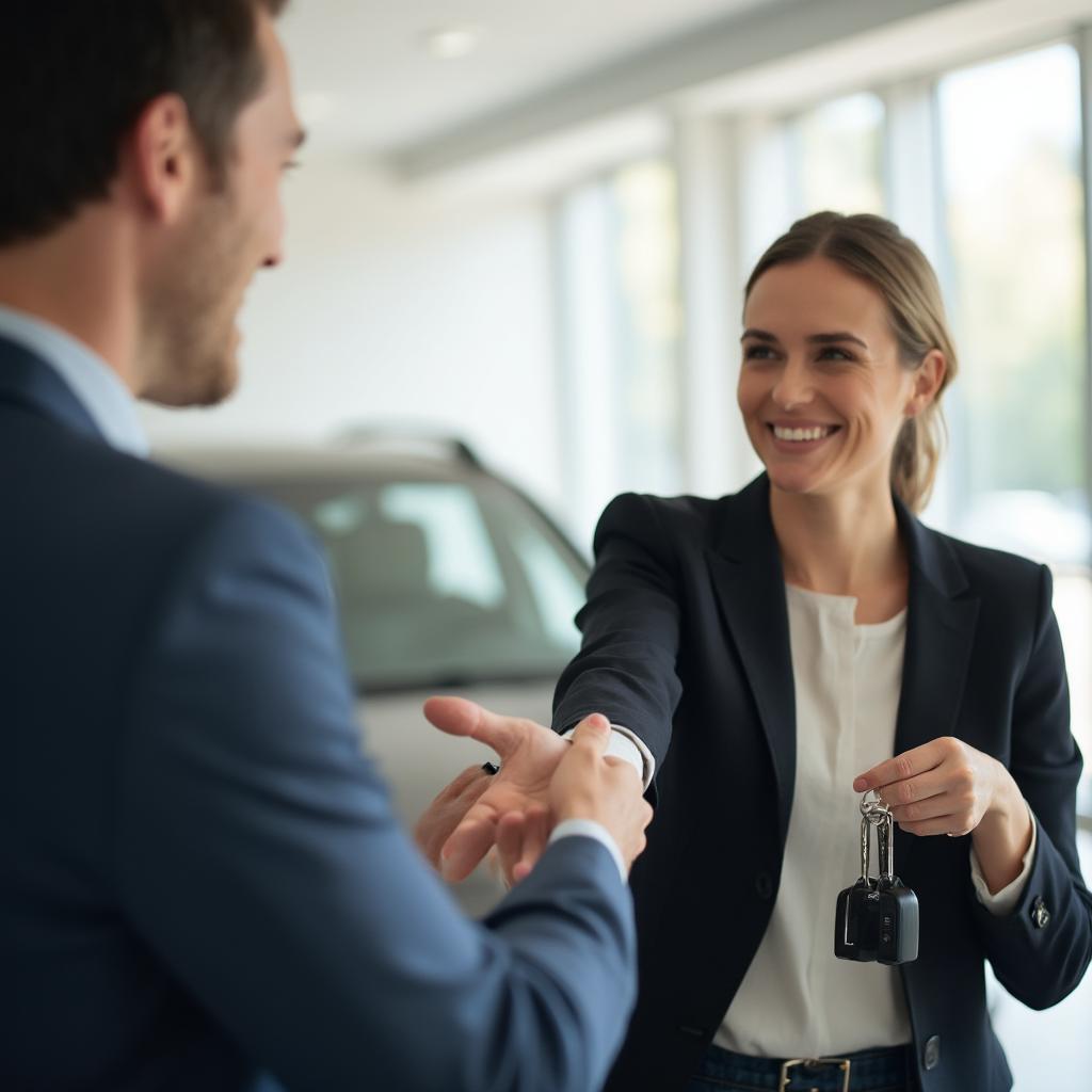 Happy Customer Receiving Car Keys from Salesman