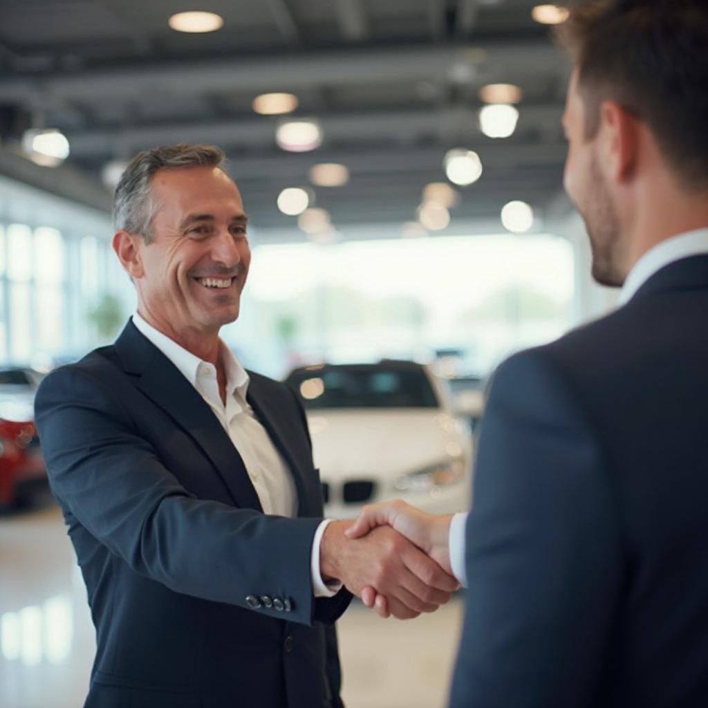 Customer shaking hands with the car dealer after a successful negotiation