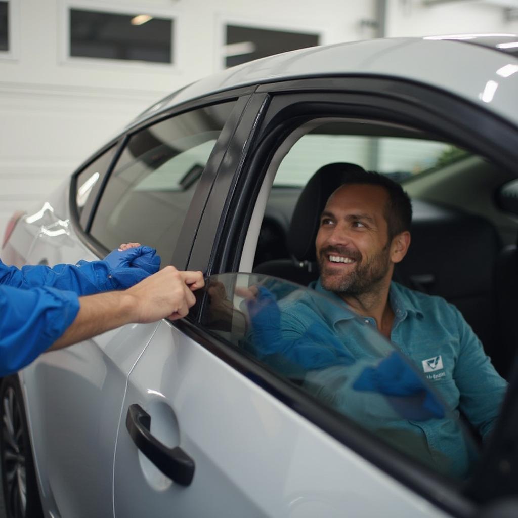 Satisfied customer admiring their newly tinted car