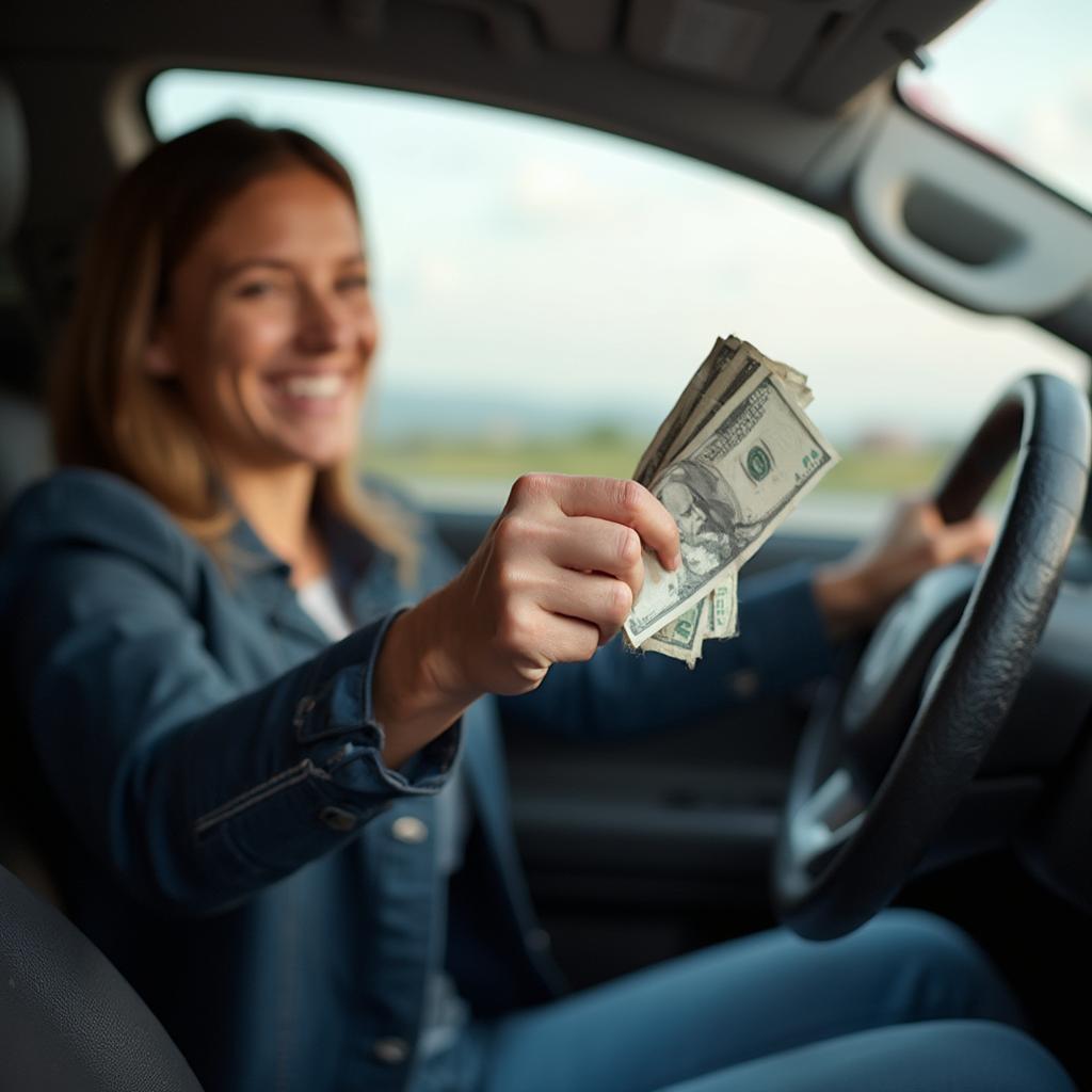 A happy driver receiving a tip from a passenger