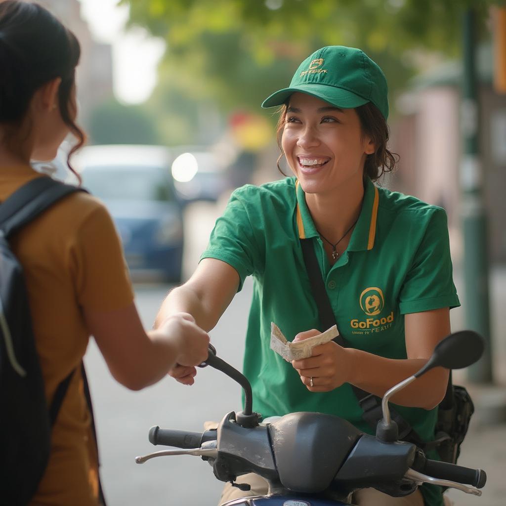 Happy GoFood Driver Receiving Tip