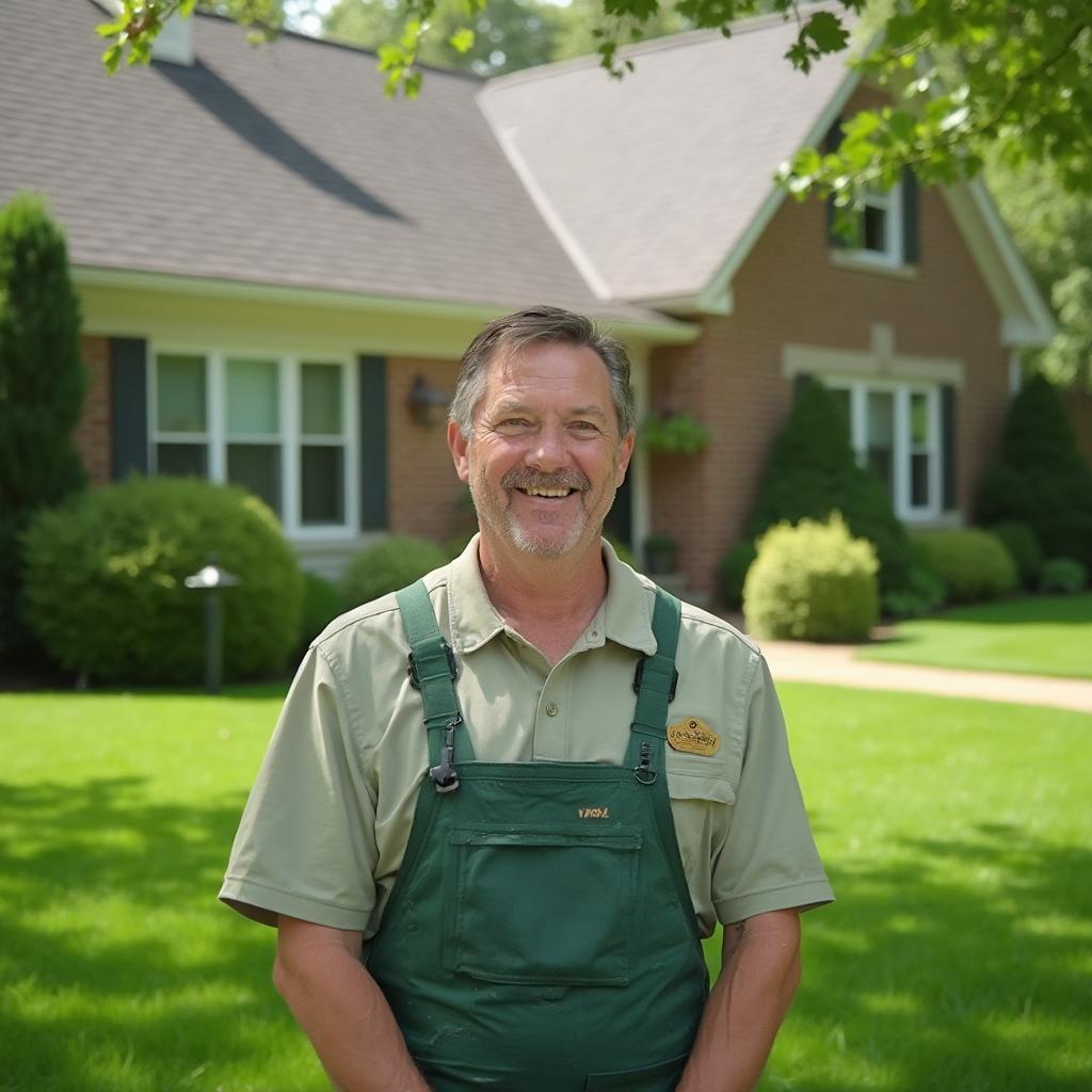 Happy Homeowner with Manicured Lawn