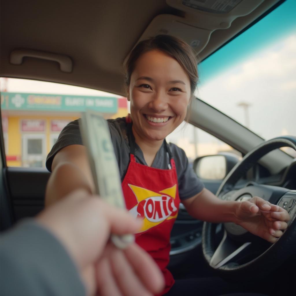 Happy Sonic carhop receiving a tip from a customer