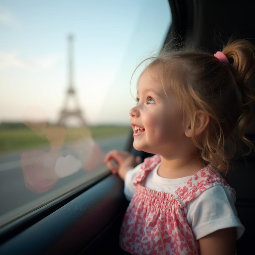 A happy toddler looking out the car window.