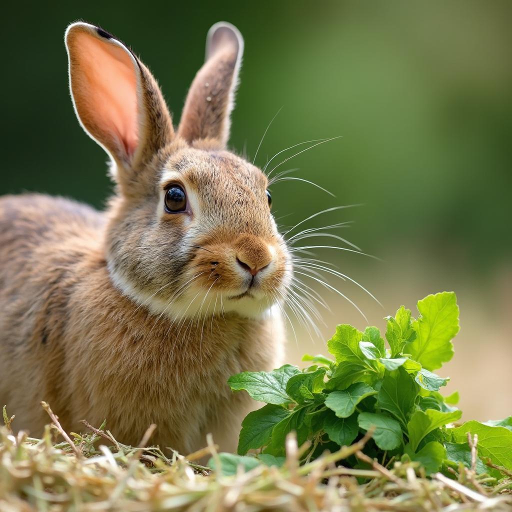 A hare eating hay and fresh vegetables