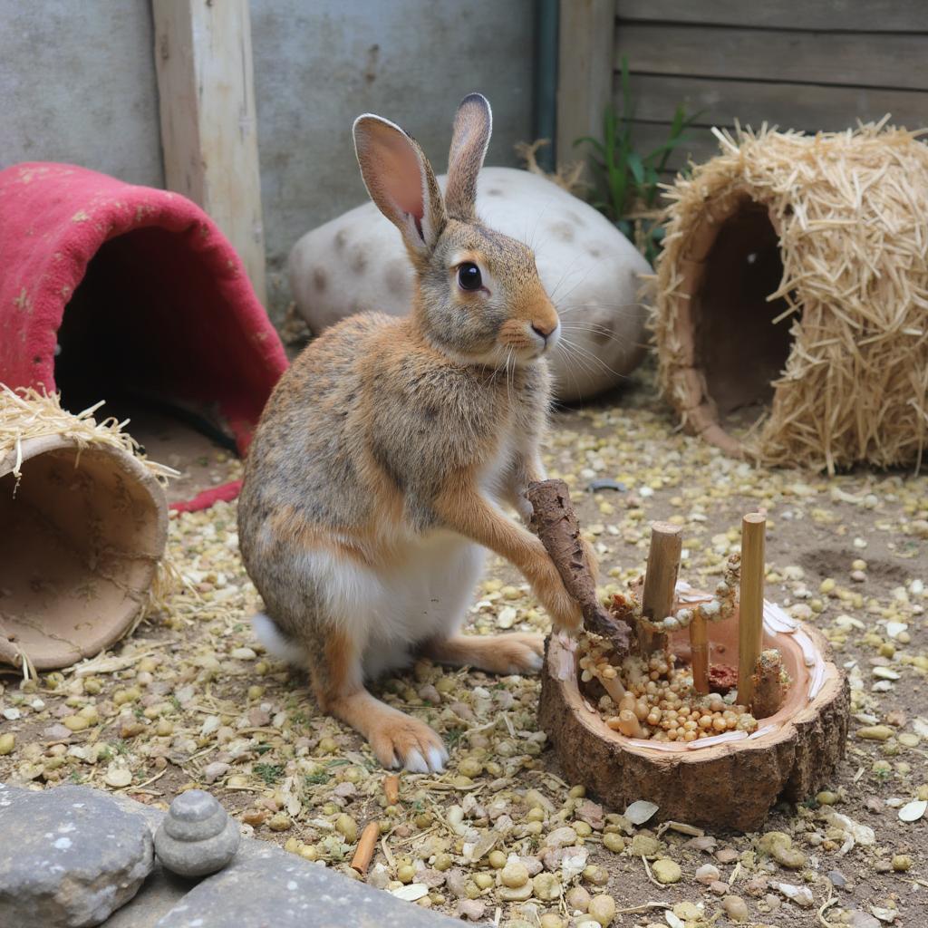 A hare playing with toys in its enclosure.