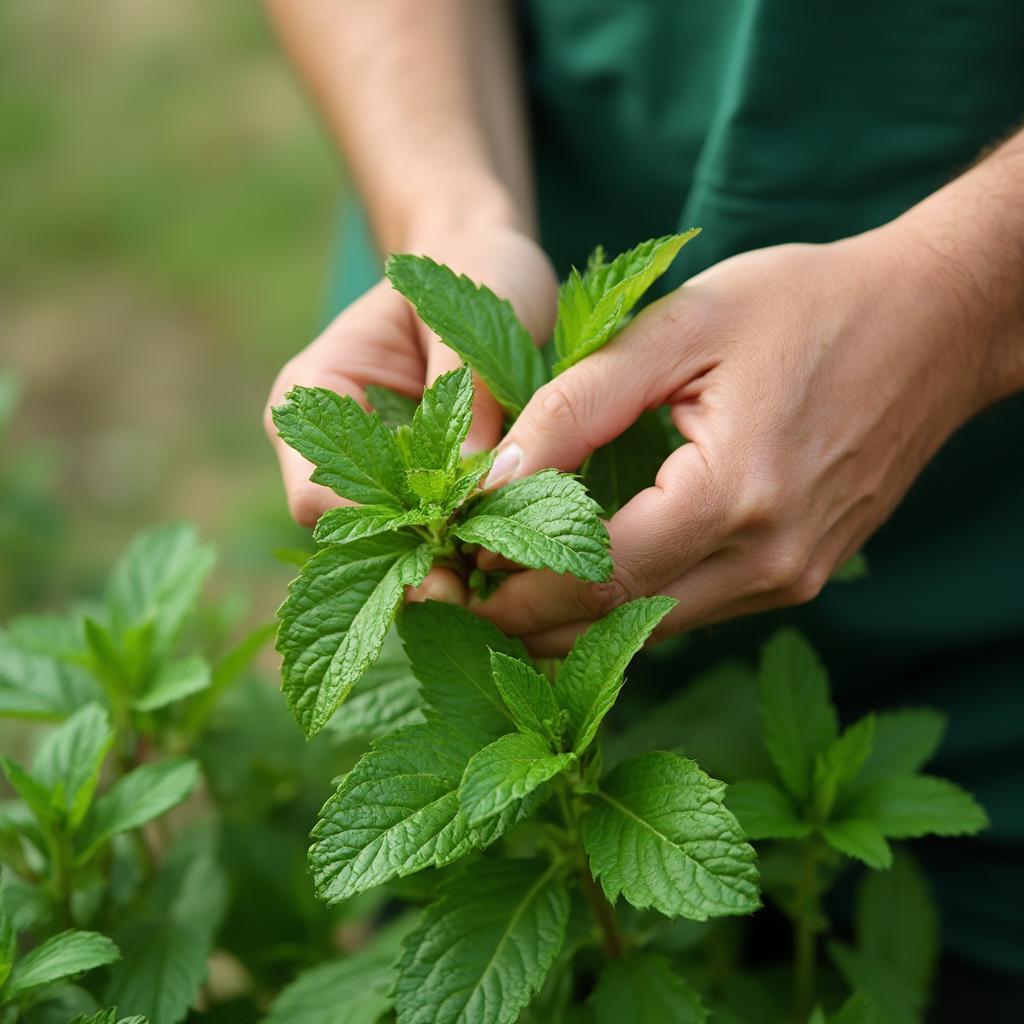 A gardener harvesting fresh peppermint leaves