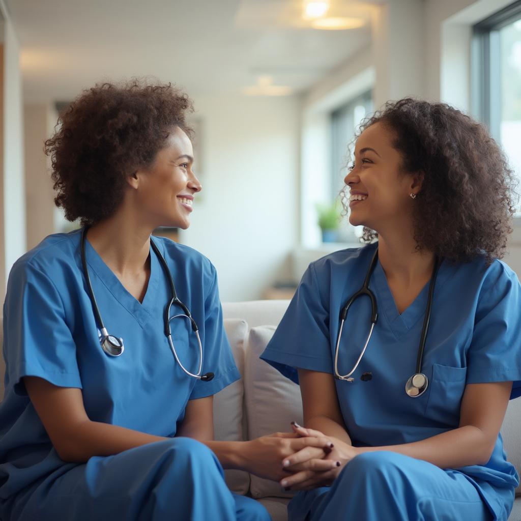 Healthcare workers connecting and talking during a break