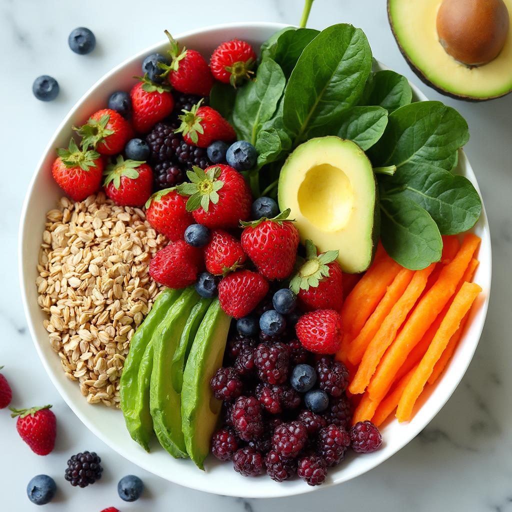 A variety of healthy fruits, vegetables, and whole grains, promoting a balanced diet for clear skin.