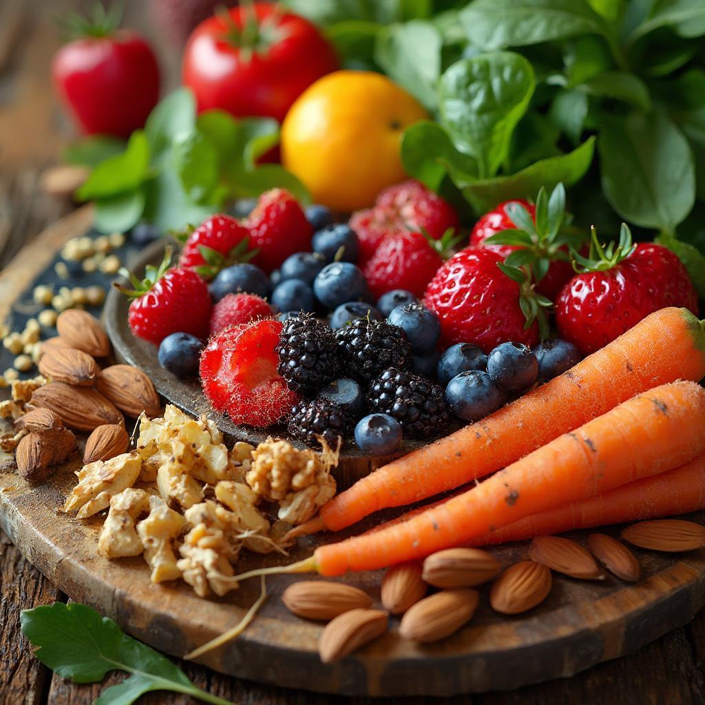 A variety of fruits, vegetables, and nuts, representing a healthy diet for skin.