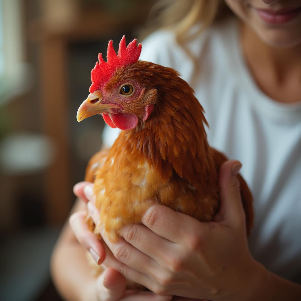 A person performing a health check on a hen, looking for signs of illness.