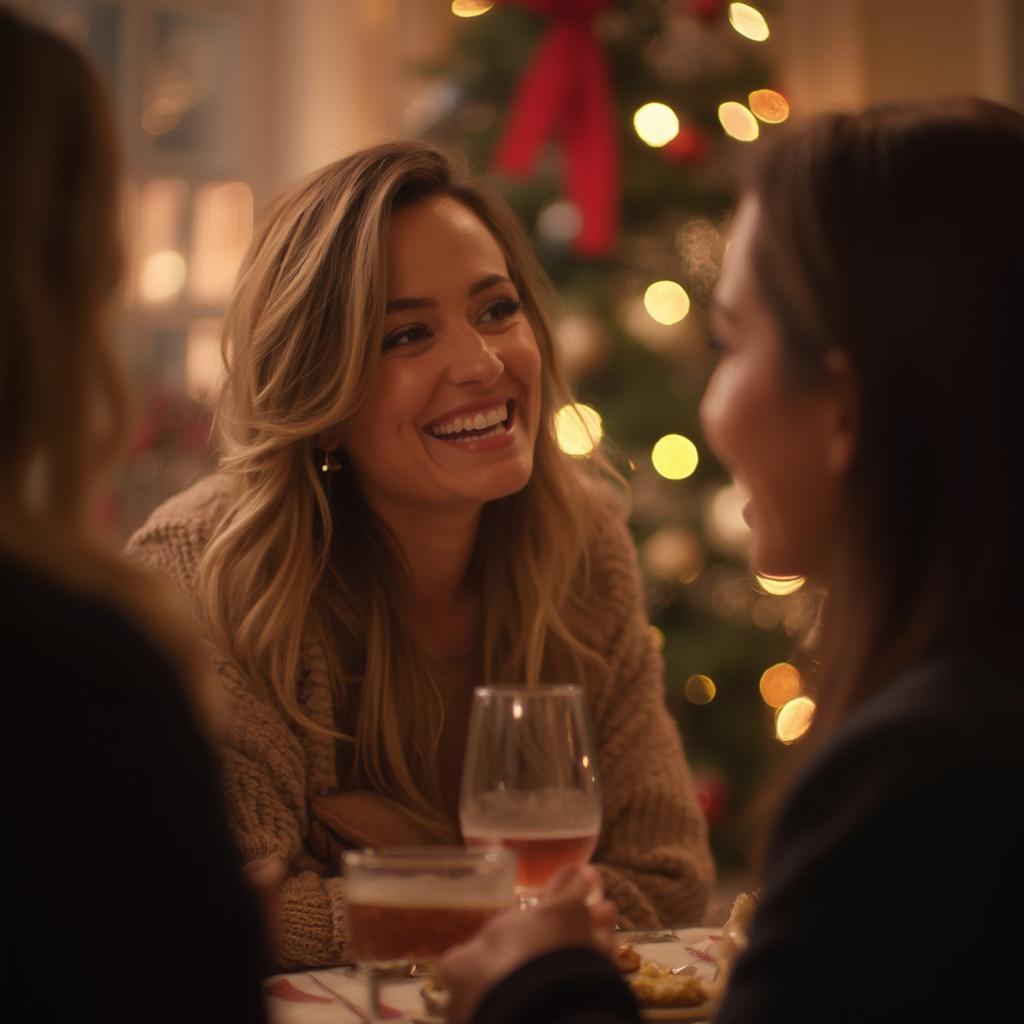 Healthy Holiday Hair: A woman with beautiful, styled hair enjoying a holiday party.