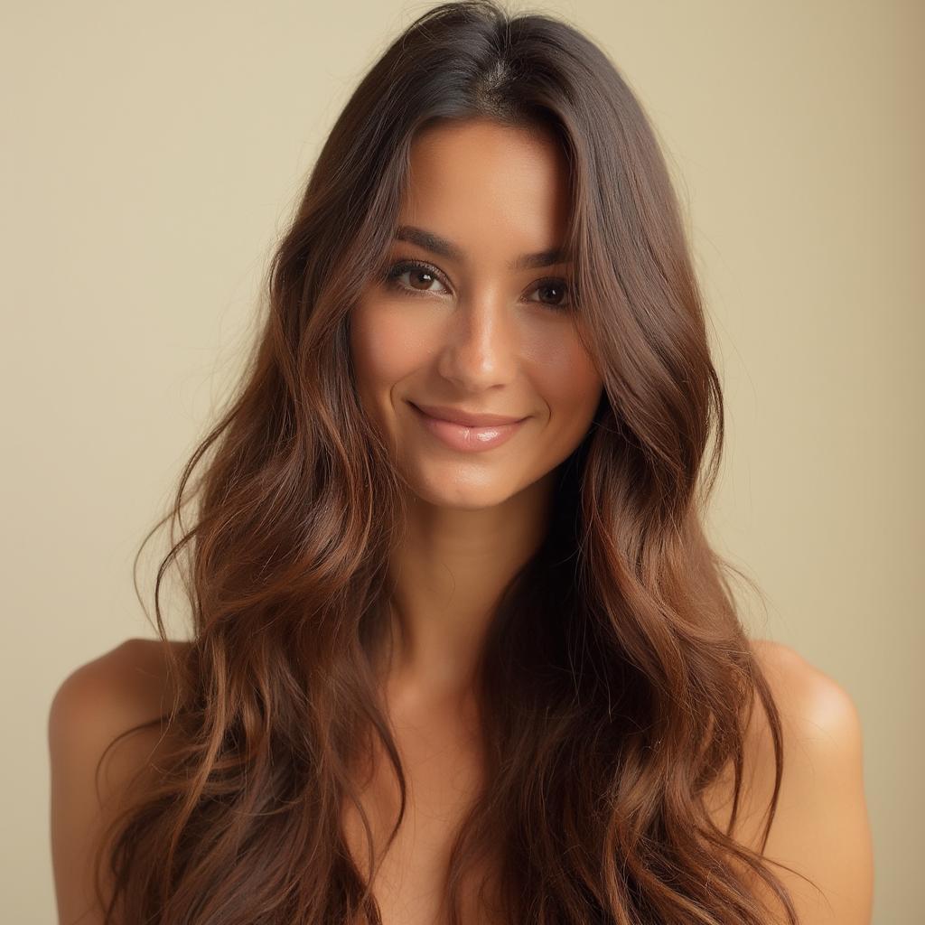 Woman with long, healthy, and shiny hair, a result of consistent home hair care.