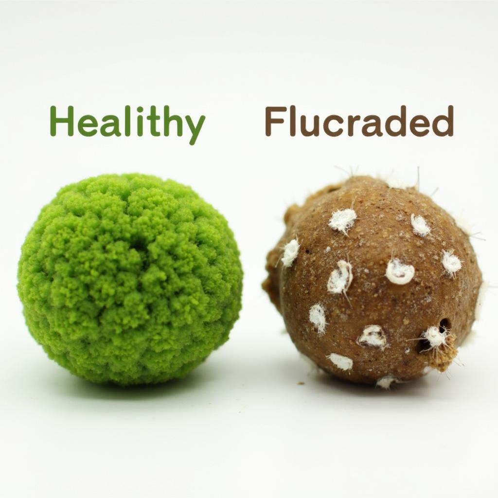 Comparison of a healthy and an unhealthy marimo moss ball