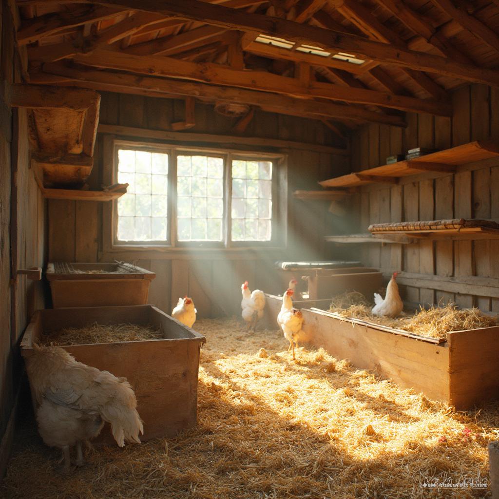 Well-designed hen coop with proper ventilation and nesting boxes.