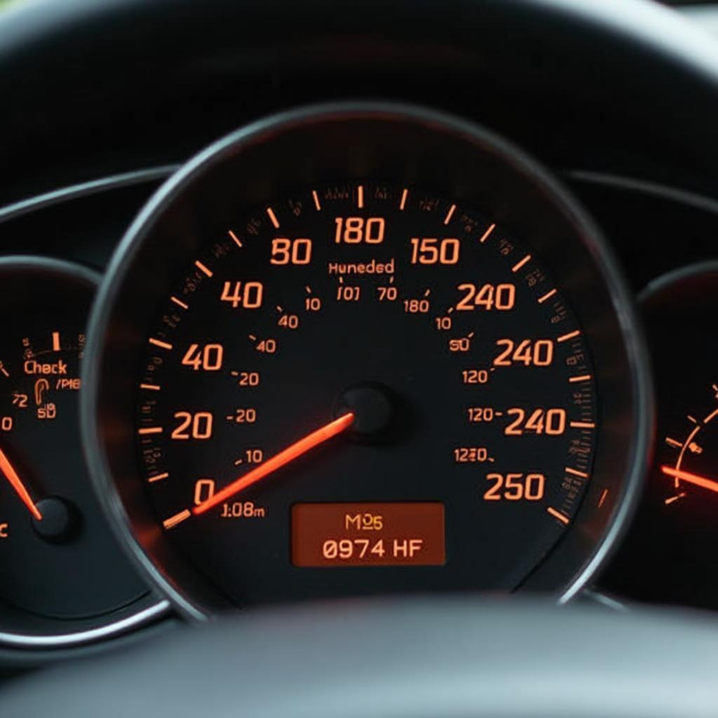 Dashboard of a high mileage car showing various warning lights.