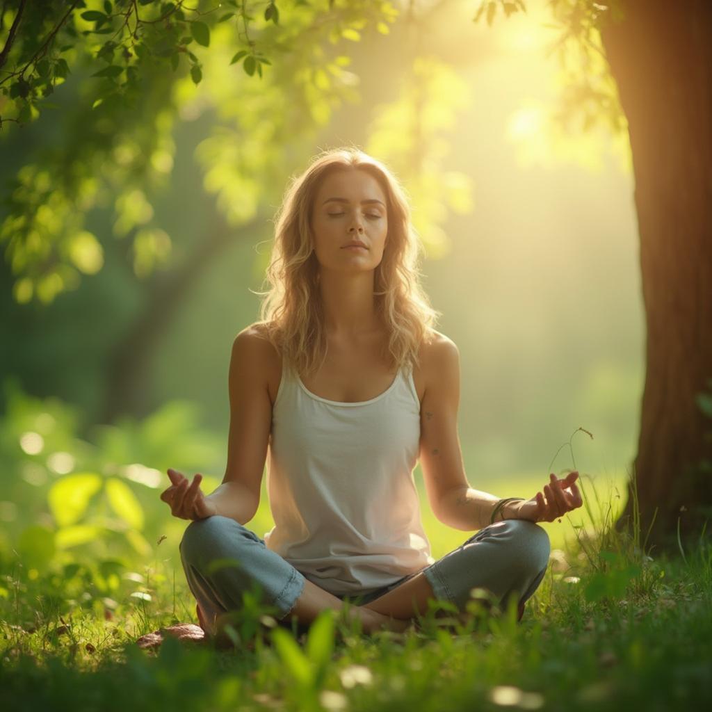 A woman meditating in a peaceful setting, surrounded by natural elements.