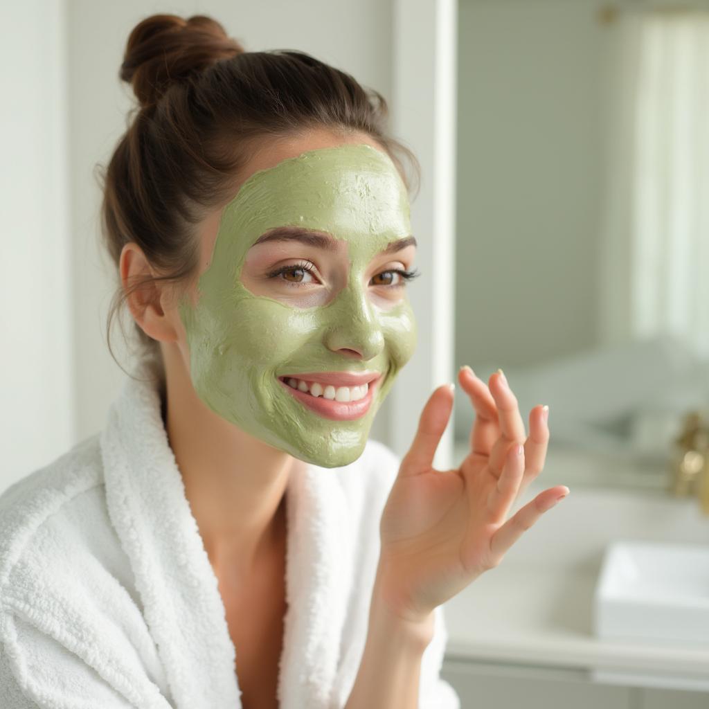 A woman applying a natural face mask at home.