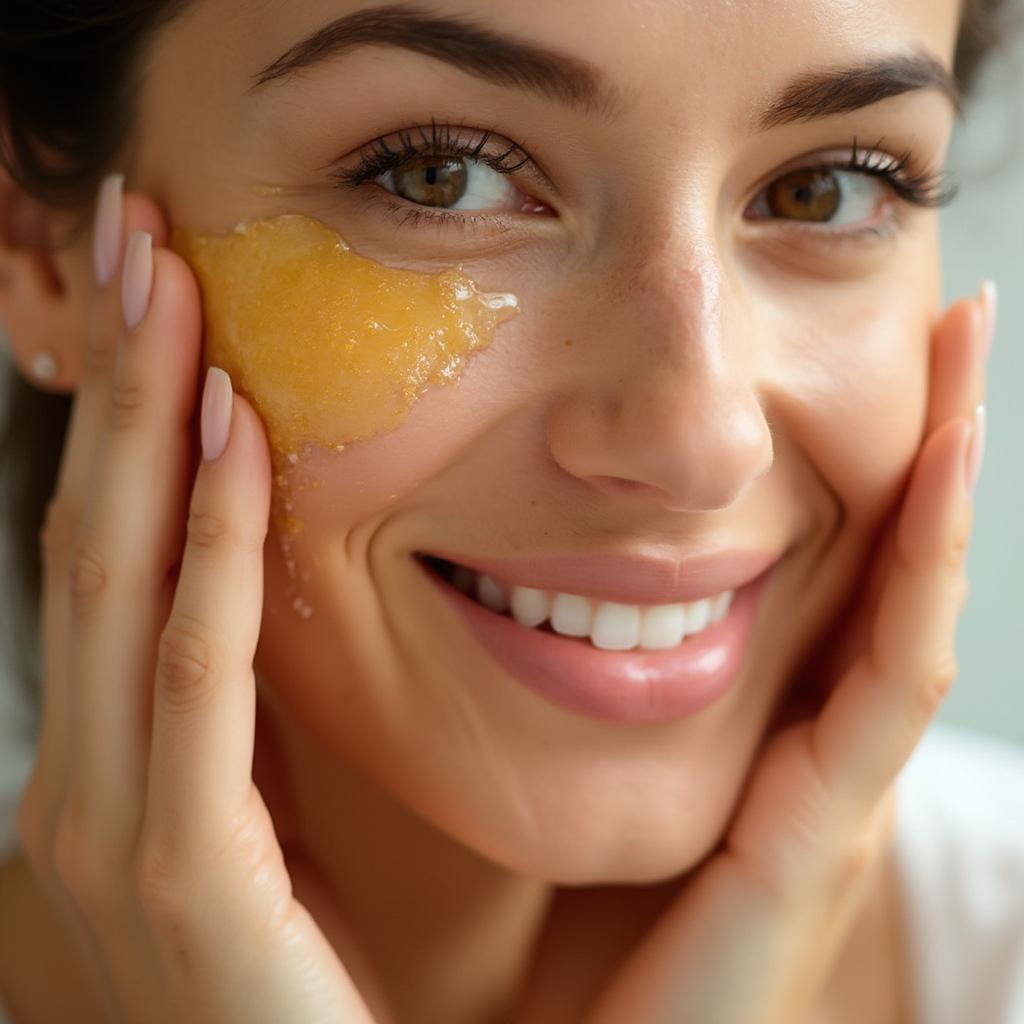 Close-up of a woman applying honey cleanser to her face.