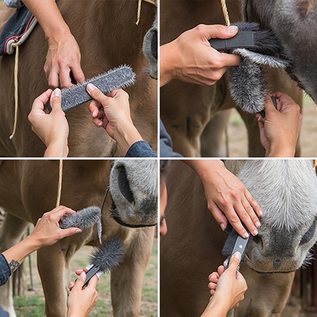 Using curry combs, brushes, and hoof picks for effective horse grooming.