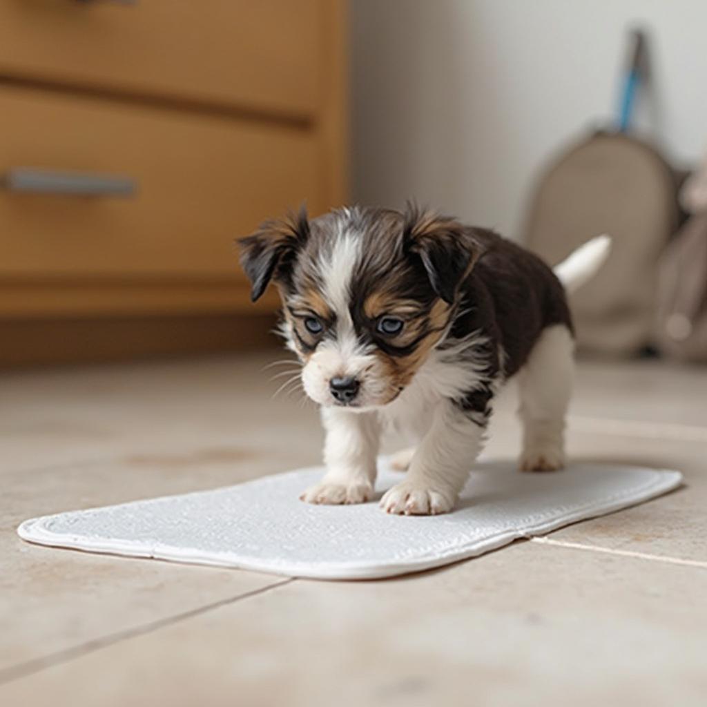 A puppy using a potty training pad indoors