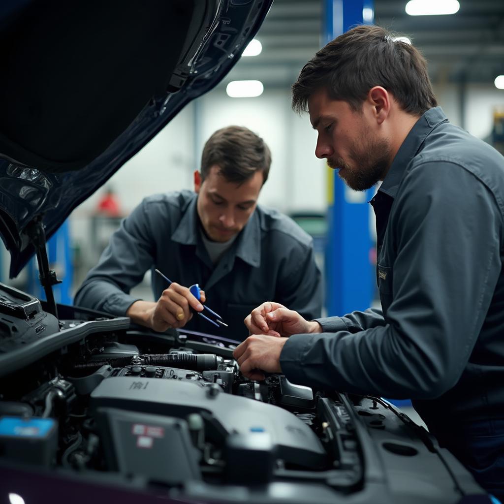 Hybrid car undergoing maintenance check