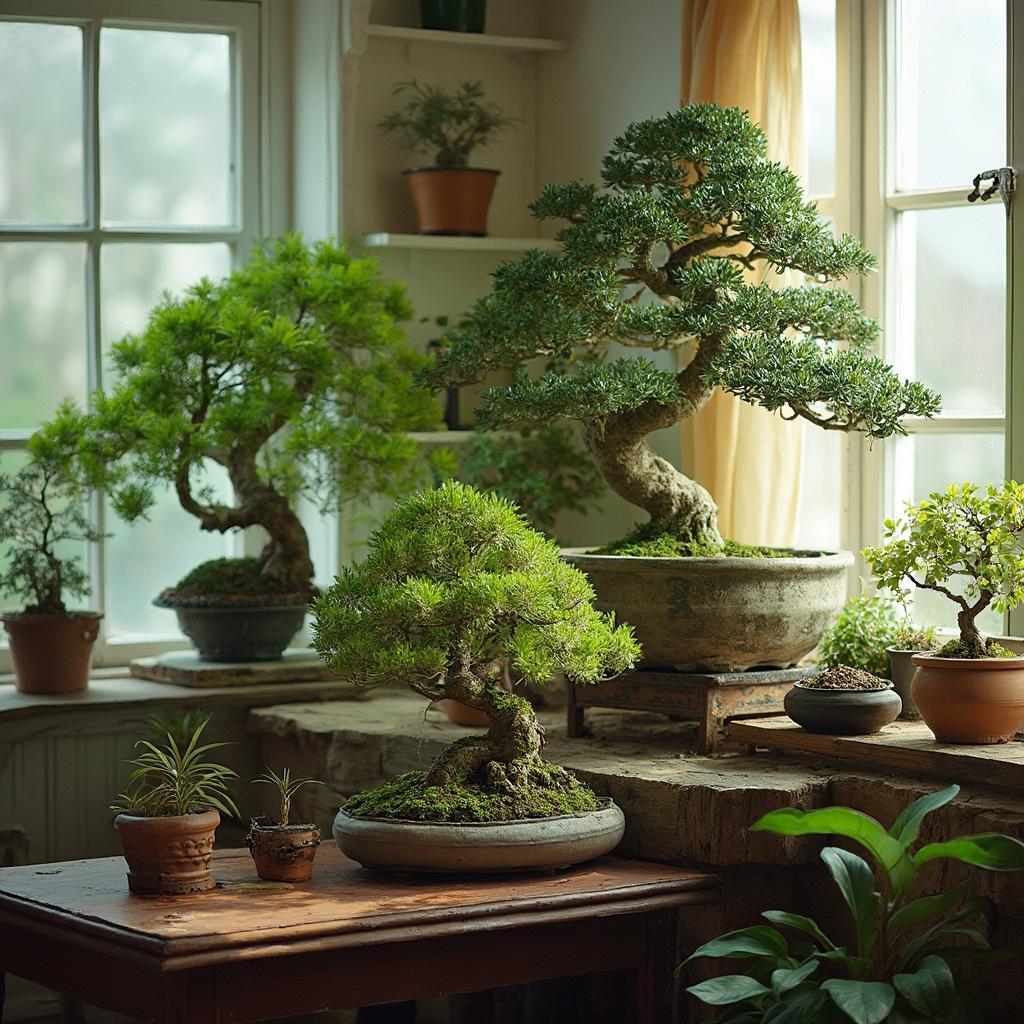 A collection of thriving indoor bonsai trees